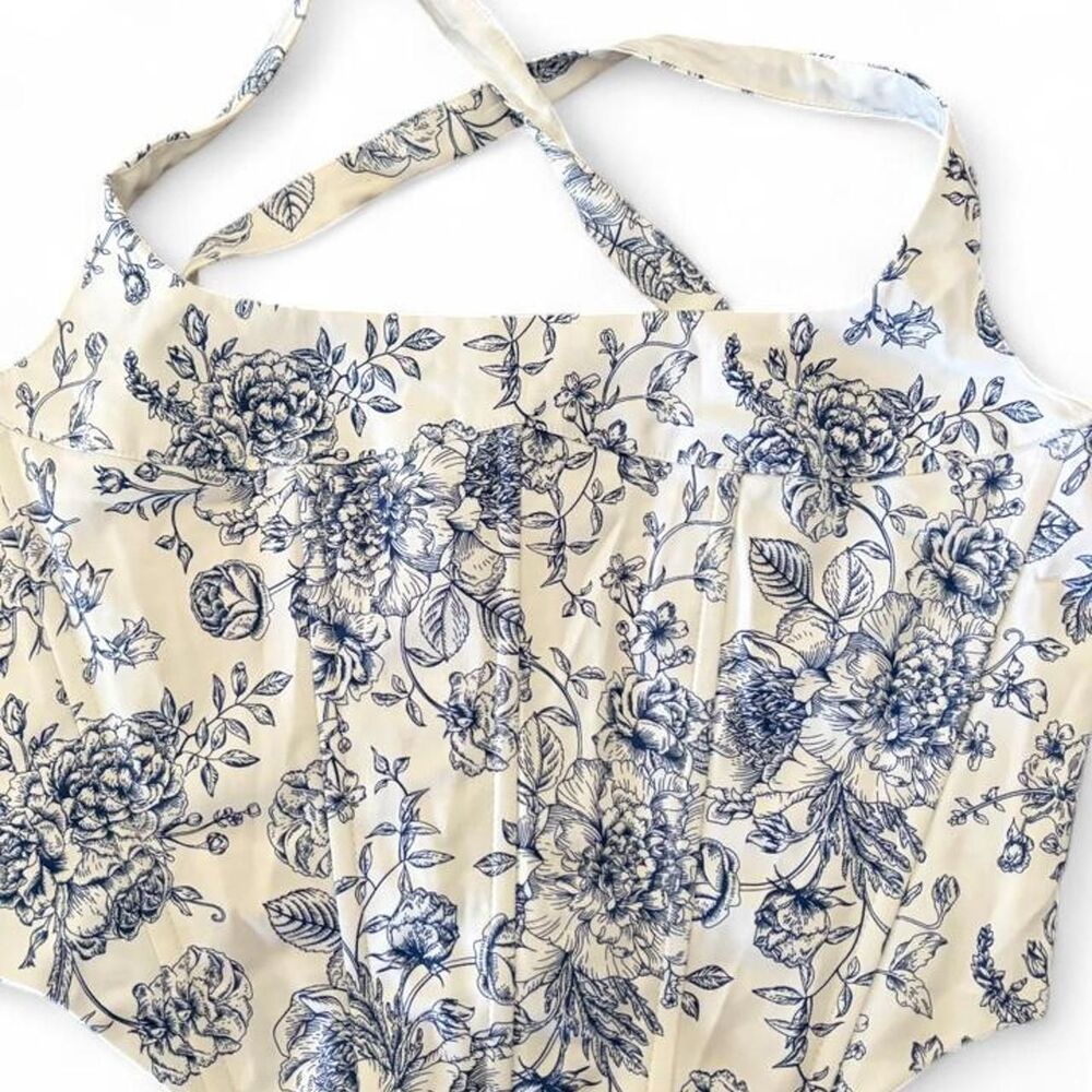 Christian Lacroix Blue White Toile Floral Corset Halter Top Size Small